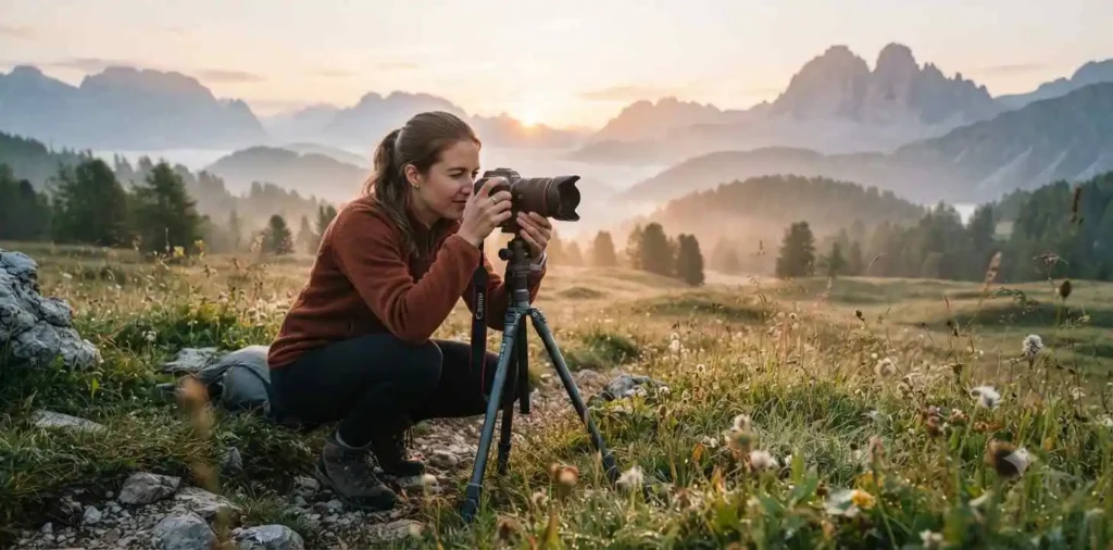 Photographer capturing a peaceful sunrise landscape