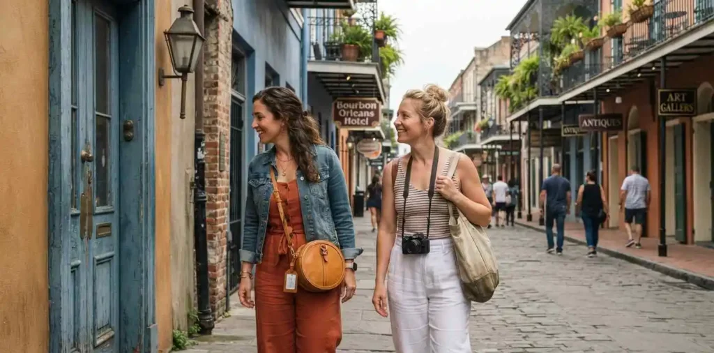 Travelers exploring a historic French Quarter street