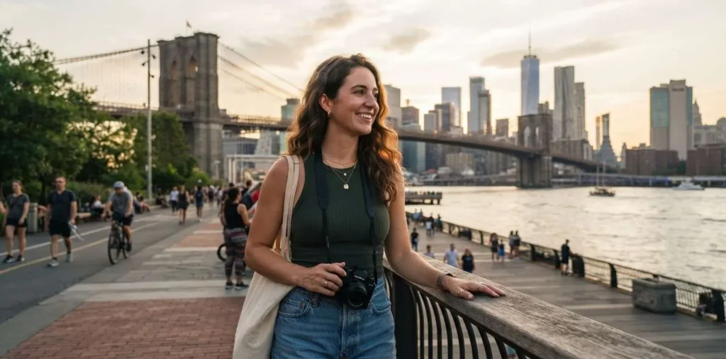 Traveler exploring New York near Brooklyn Bridge