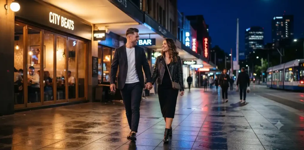 Friends enjoying a vibrant city night