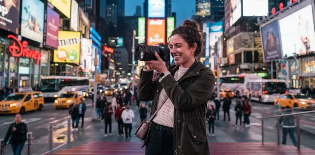 Travelers exploring Times Square at night
