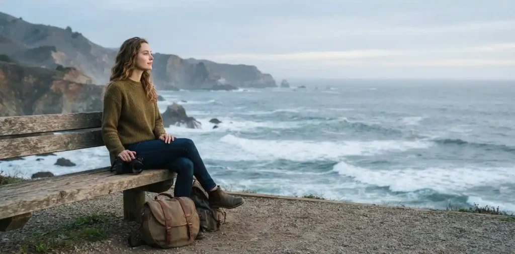 Traveler sitting beside a Pacific Ocean viewpoint