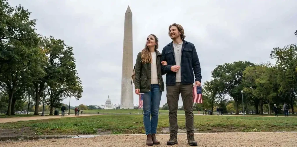 Visitors reflecting beside the Washington Monument