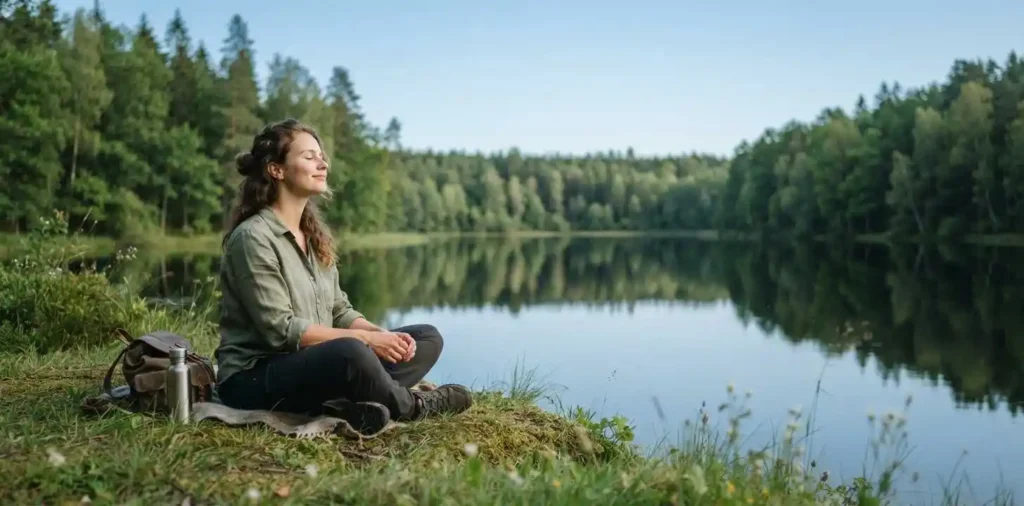Person relaxing beside a quiet forest lake