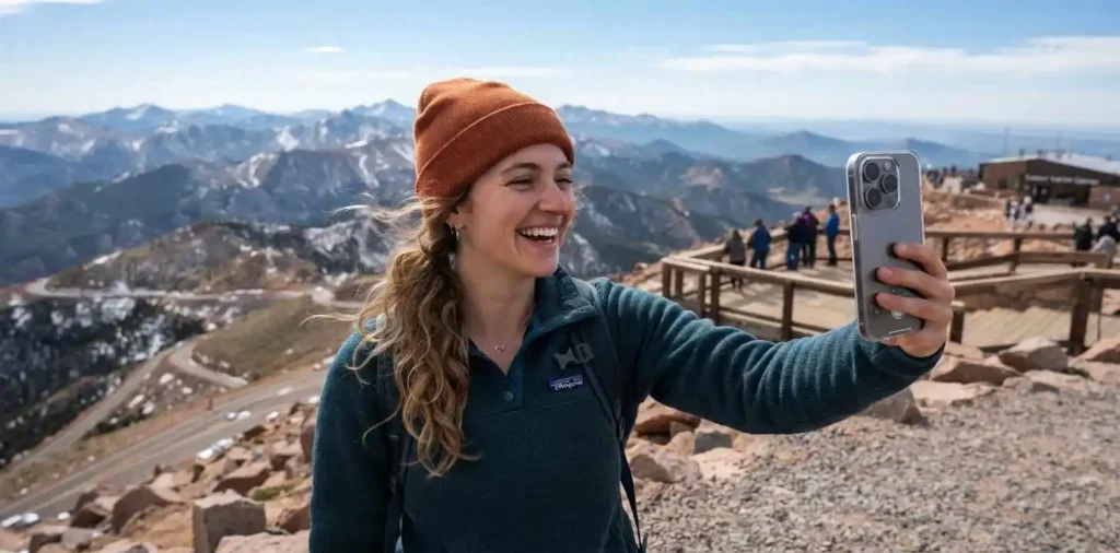 Traveler taking selfie with mountain peaks