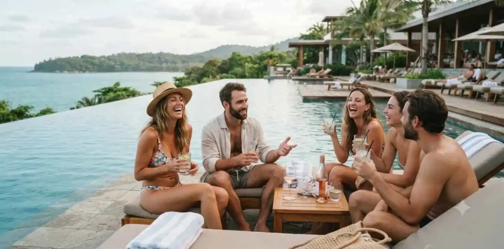 Friends relaxing beside a luxury resort pool