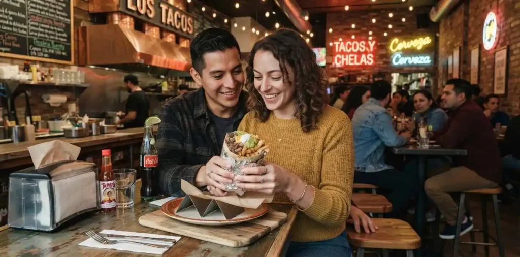 Person enjoying a burrito at a Mexican restaurant