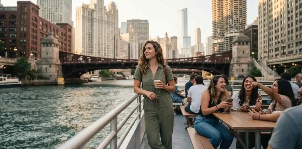 Friends enjoying a Chicago River boat cruise