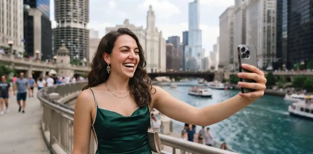 Traveler taking a selfie beside Chicago River