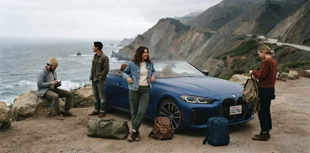 Friends stopping beside a California coastal road