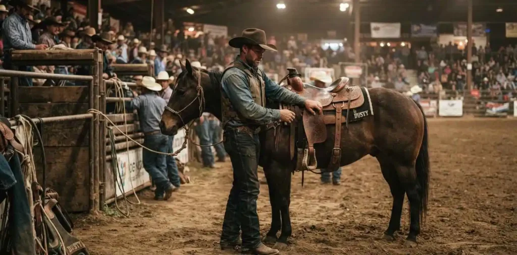 Cowboy preparing for a rodeo ride