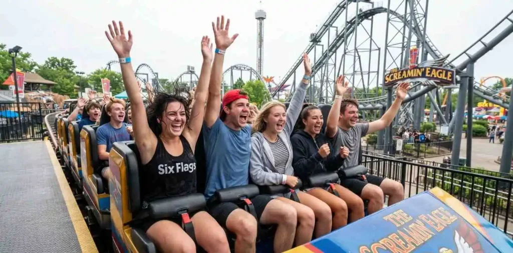 Friends enjoying a thrilling roller coaster ride