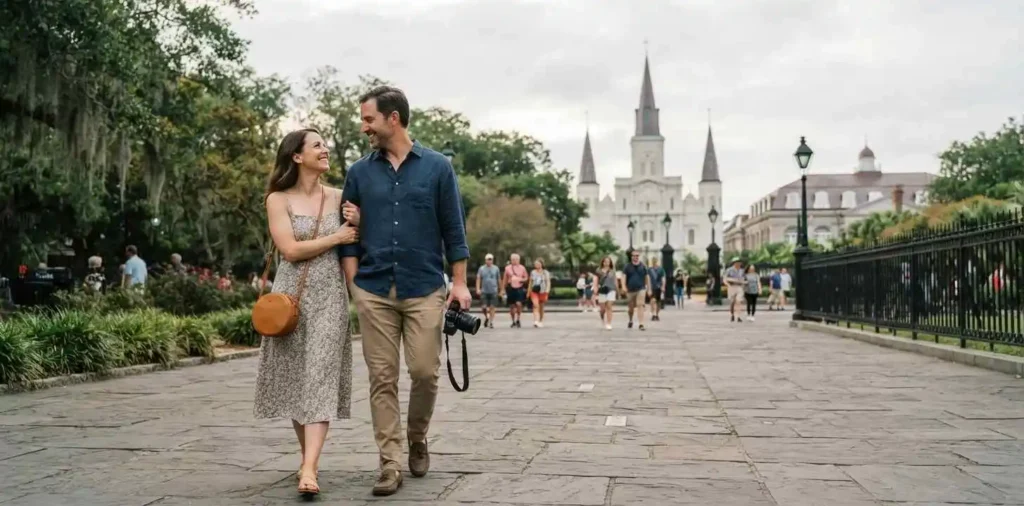 Couple sharing a quiet Jackson Square moment
