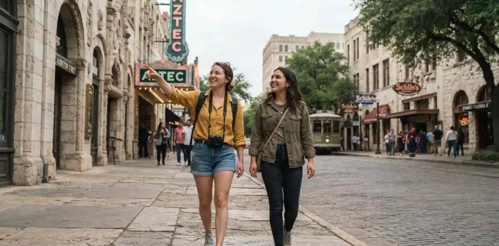 Travelers exploring downtown San Antonio