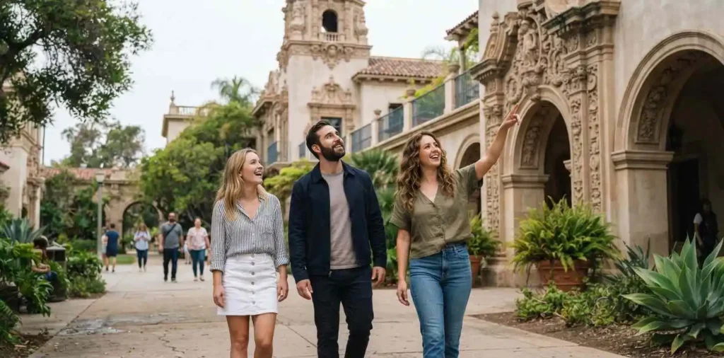Visitors exploring Balboa Park architecture