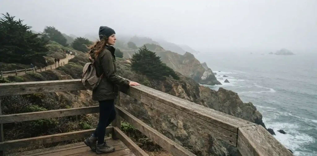 Traveler admiring California coastal cliffs