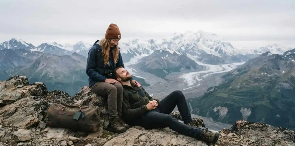Travelers admiring Alaska mountain scenery