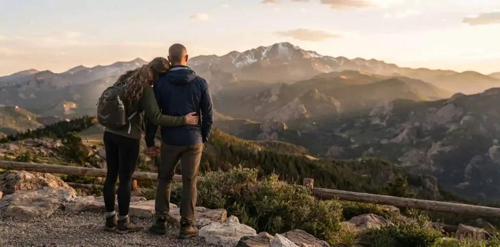 Traveler admiring Pikes Peak mountain landscape