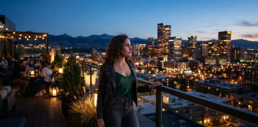 Traveler admiring Denver skyline at dusk