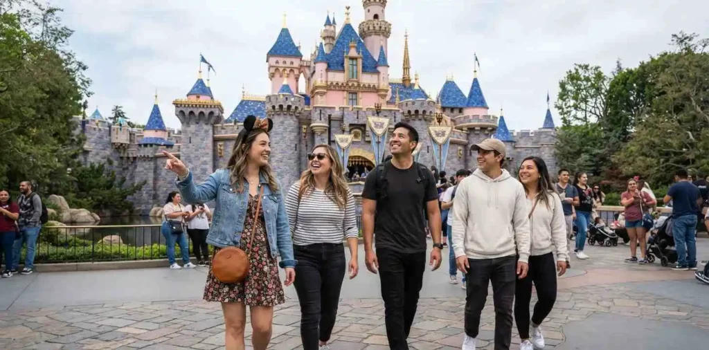 Visitors posing near Sleeping Beauty Castle