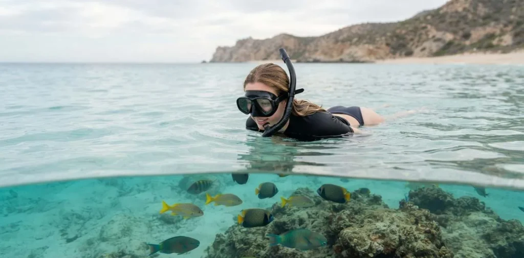 Traveler snorkeling in clear Chileno Beach water
