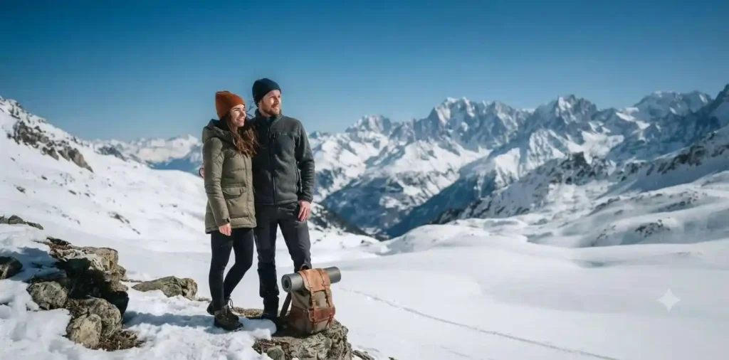 Traveler near snowy mountain peaks
