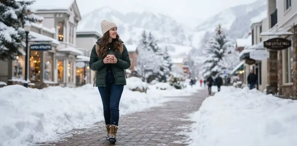 Traveler walking through a snowy Aspen street
