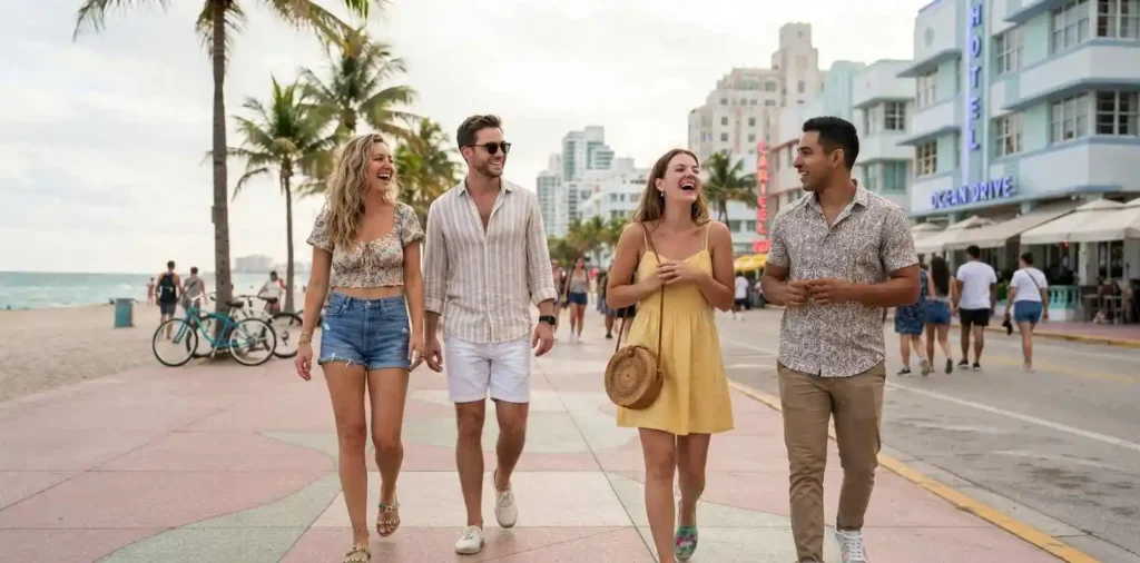 Friends walking along South Beach