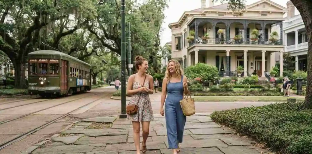Travelers walking along St. Charles Avenue