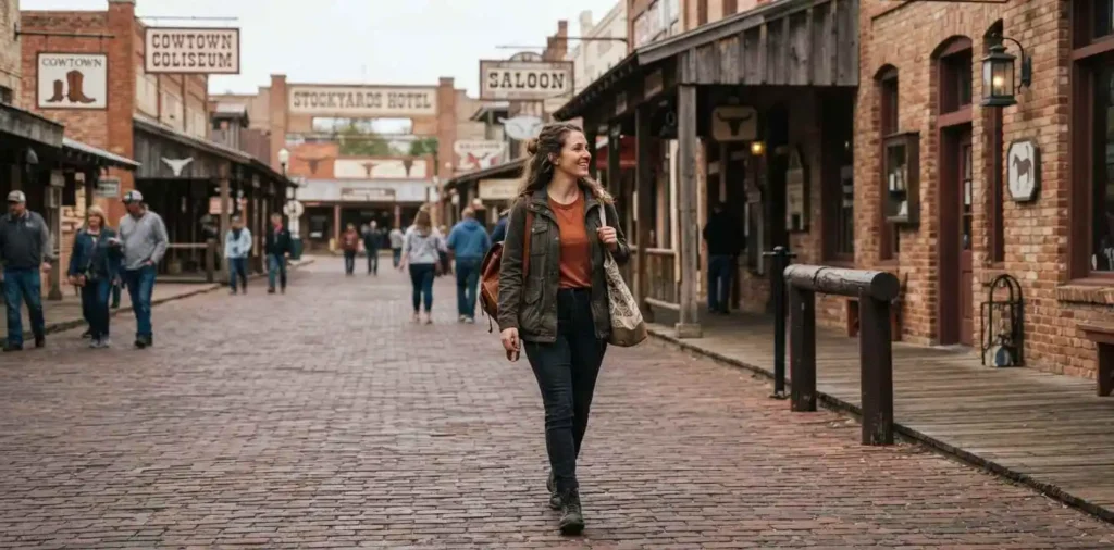 Traveler exploring Fort Worth Stockyards