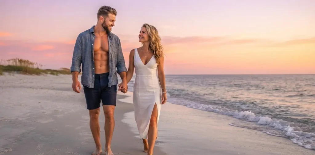 Couple walking on quiet beach