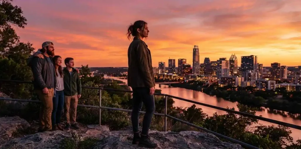 Friends watching Austin evening lights