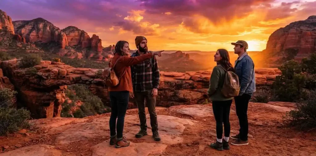 Travelers watching evening colors over red rocks