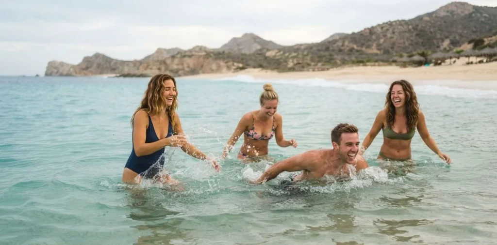 Friends swimming together in Chileno Beach