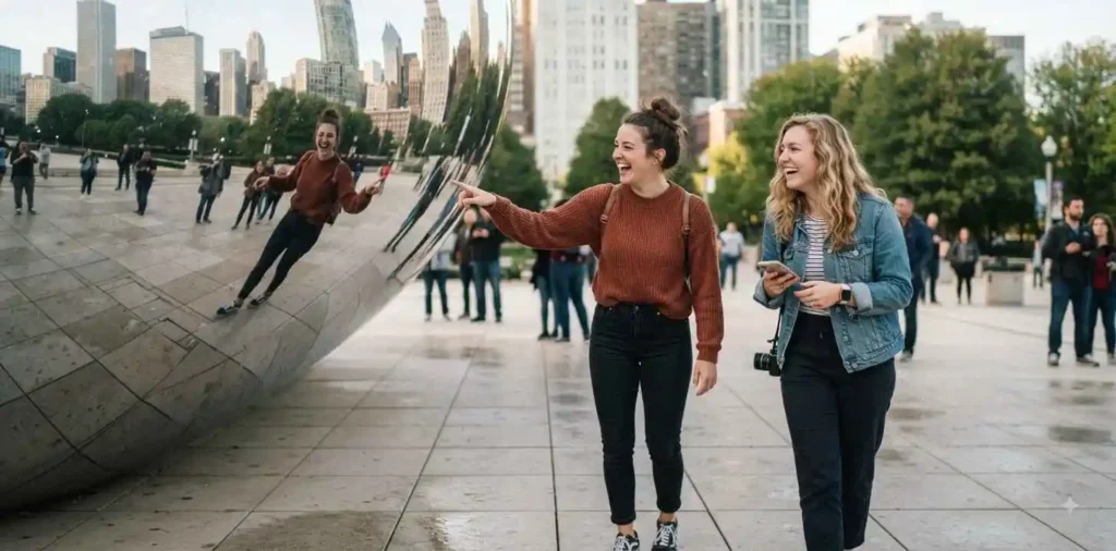 Friends admiring Cloud Gate in Millennium Park