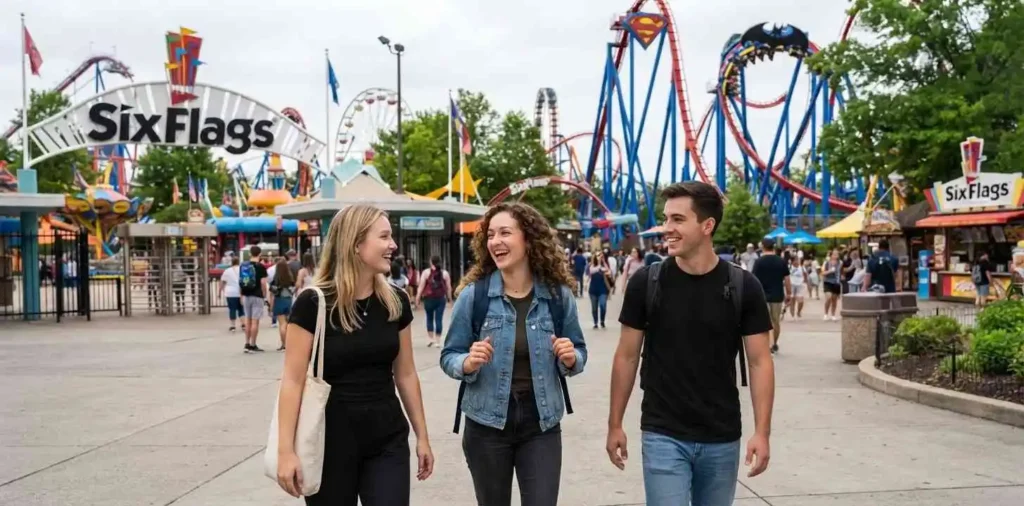 Friends walking through a lively theme park