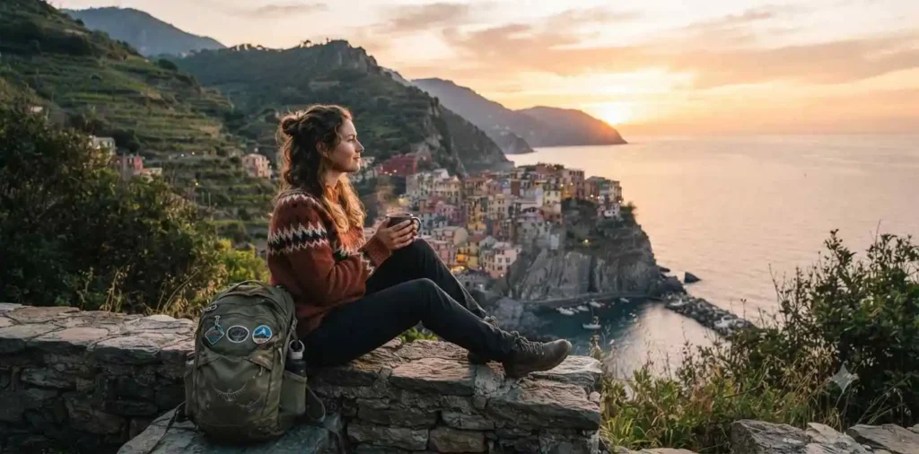Traveler watching sunrise from a scenic viewpoint