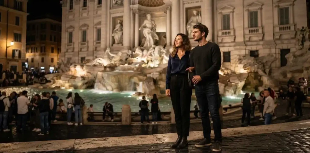 Traveler admiring Trevi Fountain at night