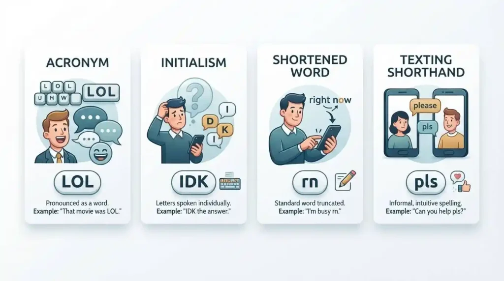 Illustration comparing acronyms, initialisms, shortened words, and texting shorthand with examples like LOL, IDK, rn, and pls.