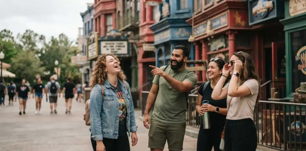 Friends posing near Universal Orlando attractions