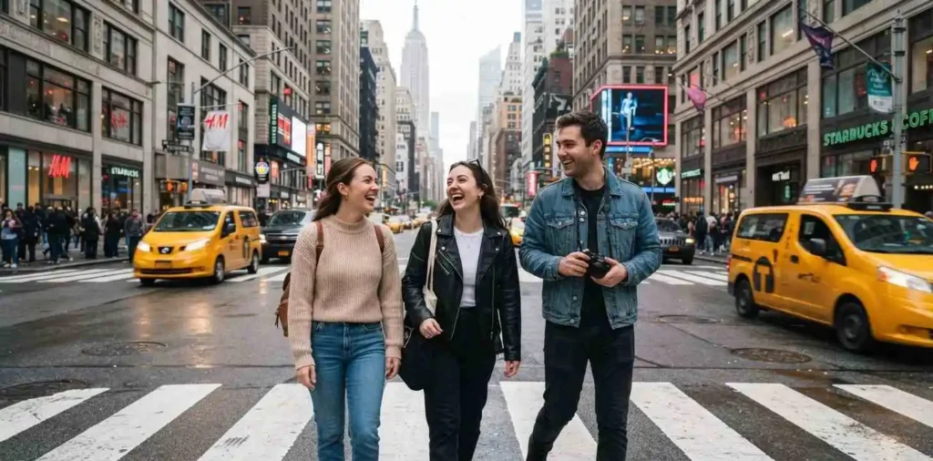 Friends exploring a city beside yellow taxis