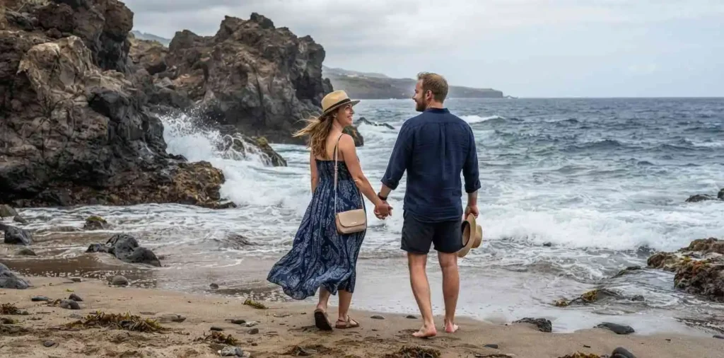 Couple exploring a scenic beach vacation