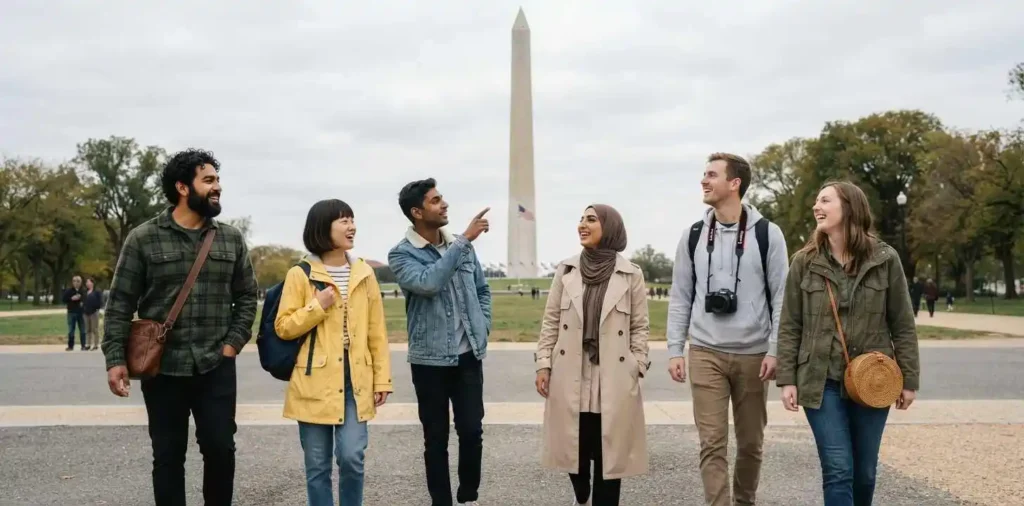 Travelers visiting the Washington Monument