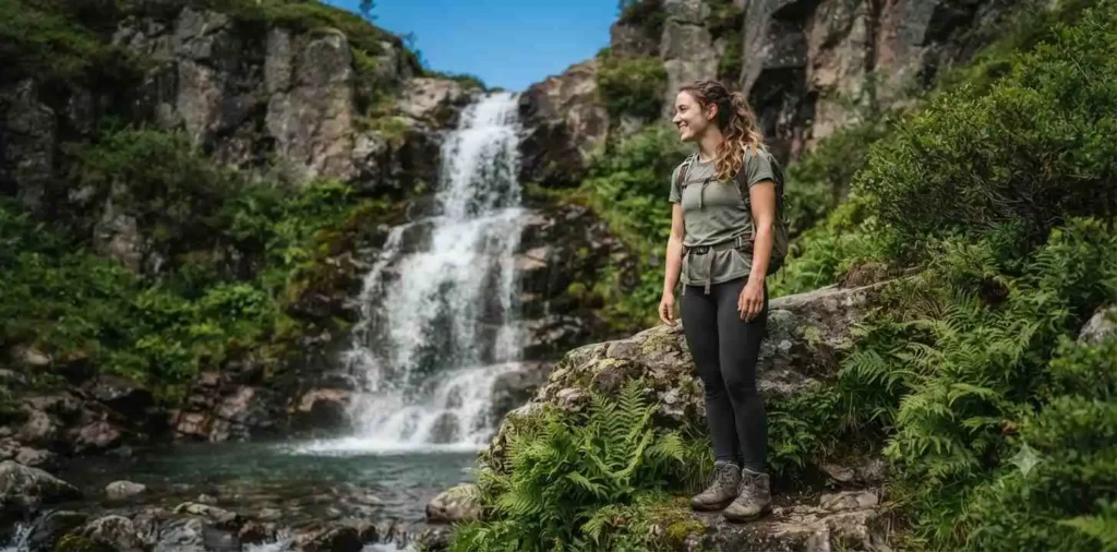 Woman admiring a mountain waterfall