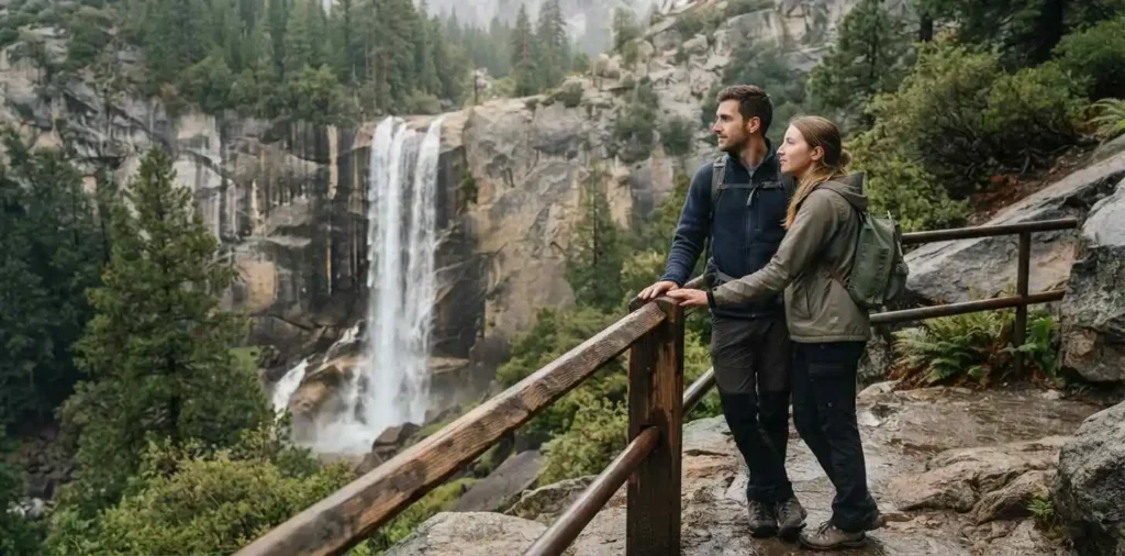 Traveler viewing Yosemite waterfall from trail