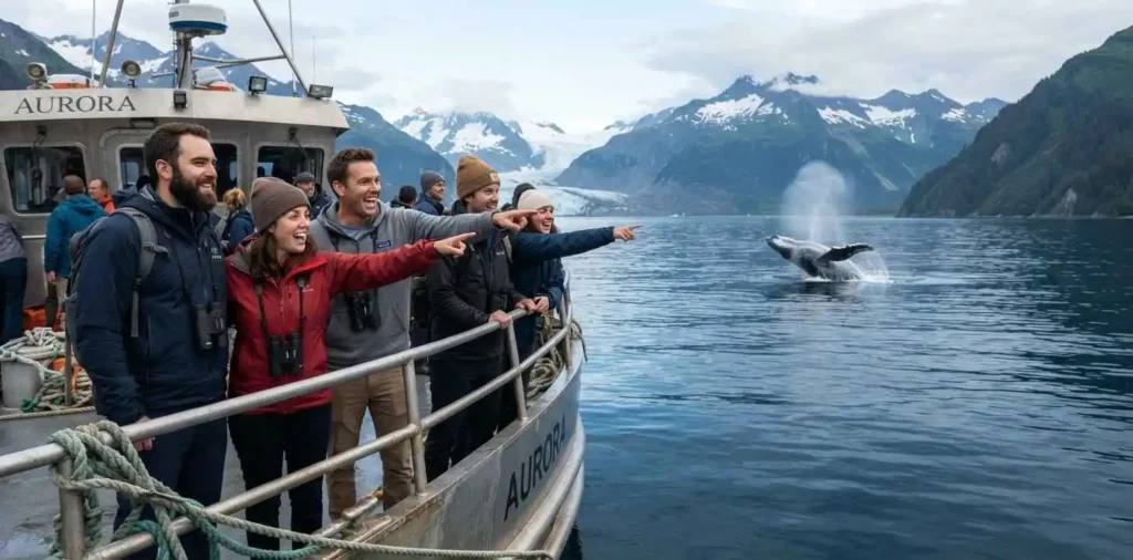 Travelers watching whales from an Alaskan boat