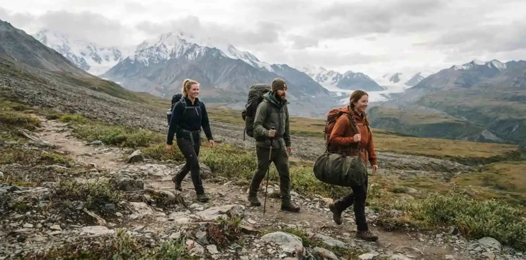 Hikers exploring remote Alaska wilderness