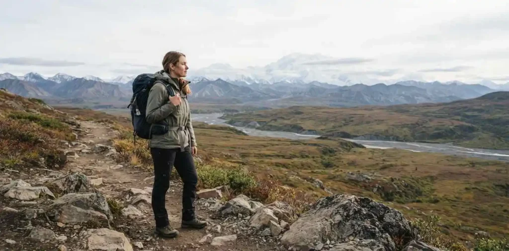 Hiker standing beside rugged Denali wilderness
