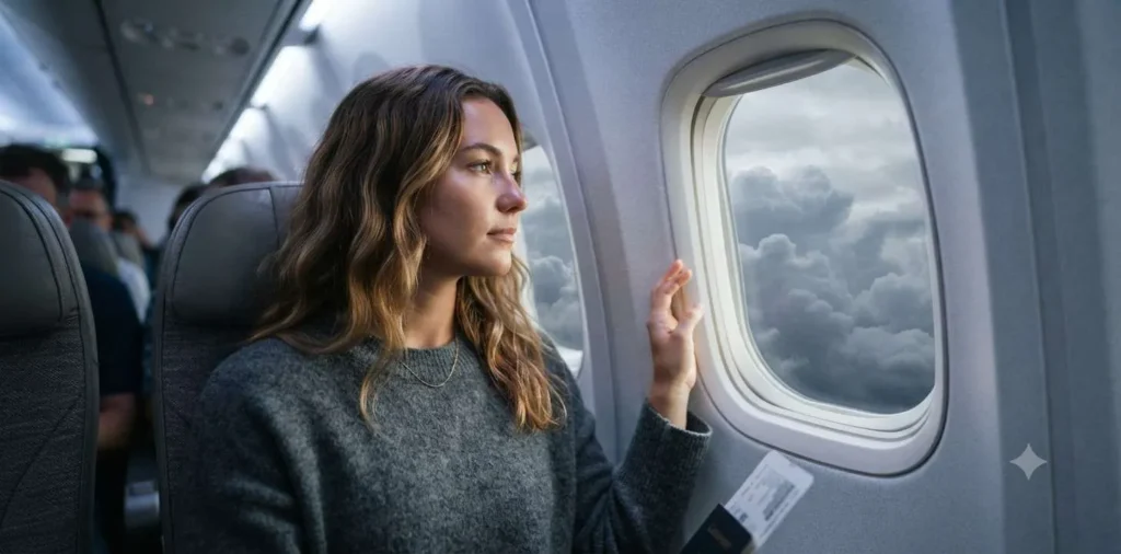 Passenger looking through airplane window