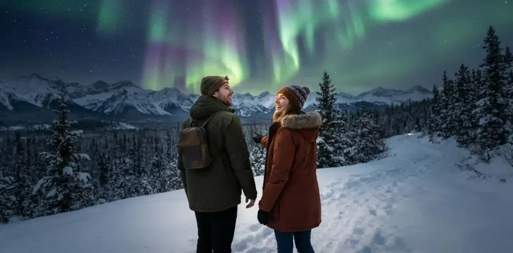 Friends admiring aurora over snowy mountains
